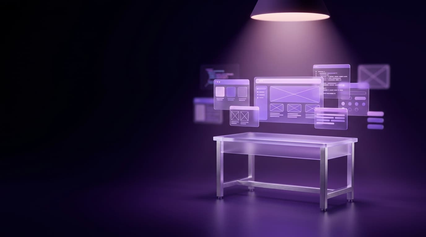 Glass workbench under a spotlight with panels assembling into a finished product screen