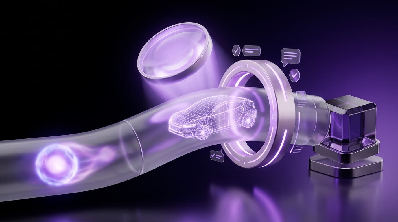 Glass funnel taking an idea orb through prototype and feedback stages into a finished product