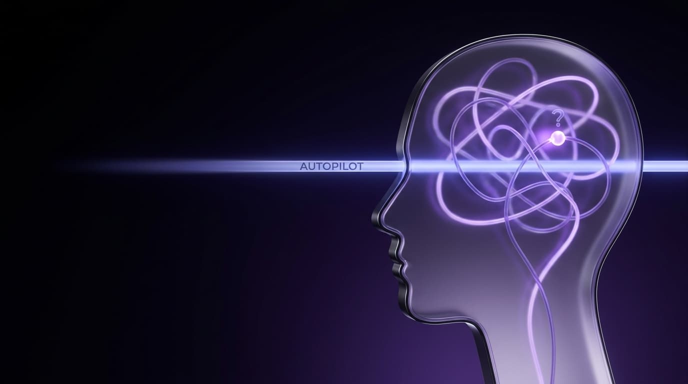 Glass head silhouette with a thought pathway bypassed by an autopilot beam