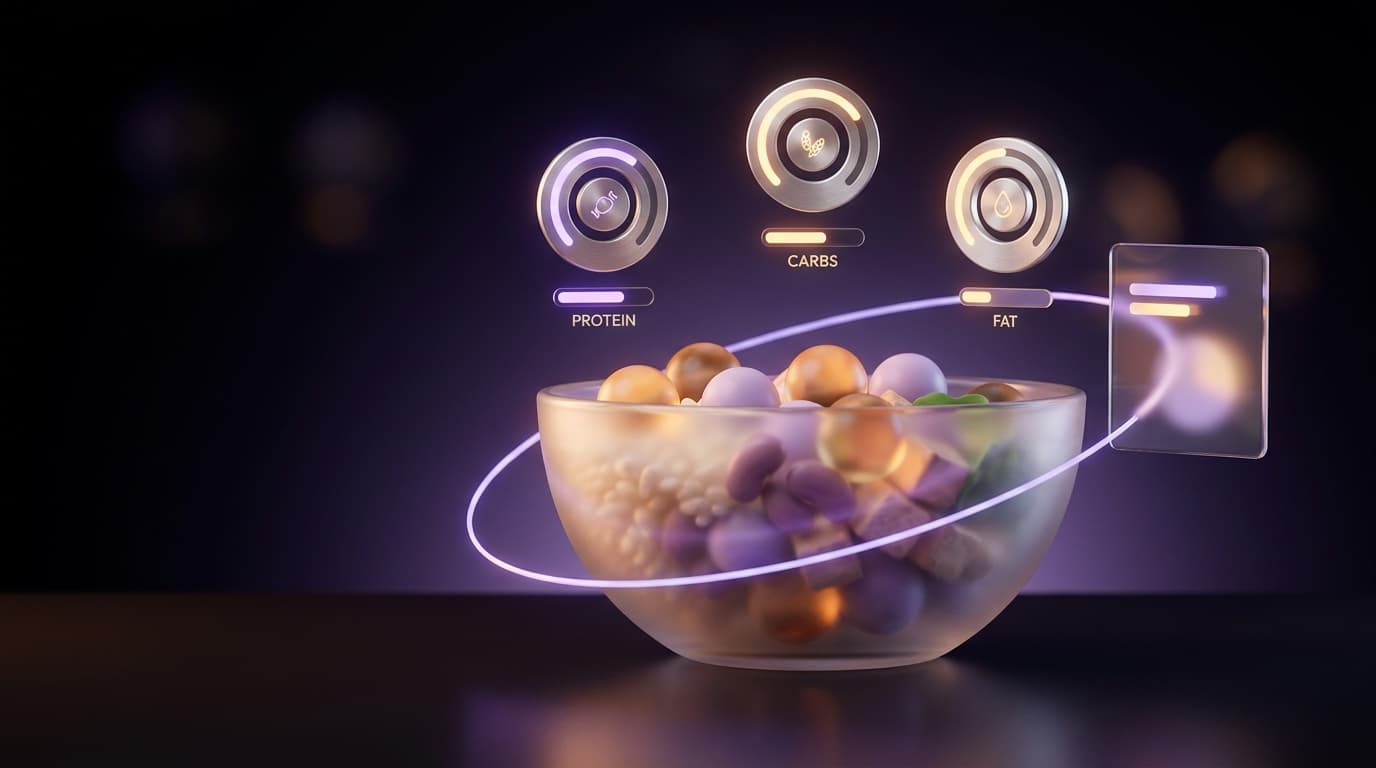 Glass bowl of glowing ingredient orbs with protein, carb and fat gauges above it, representing a macro calculator