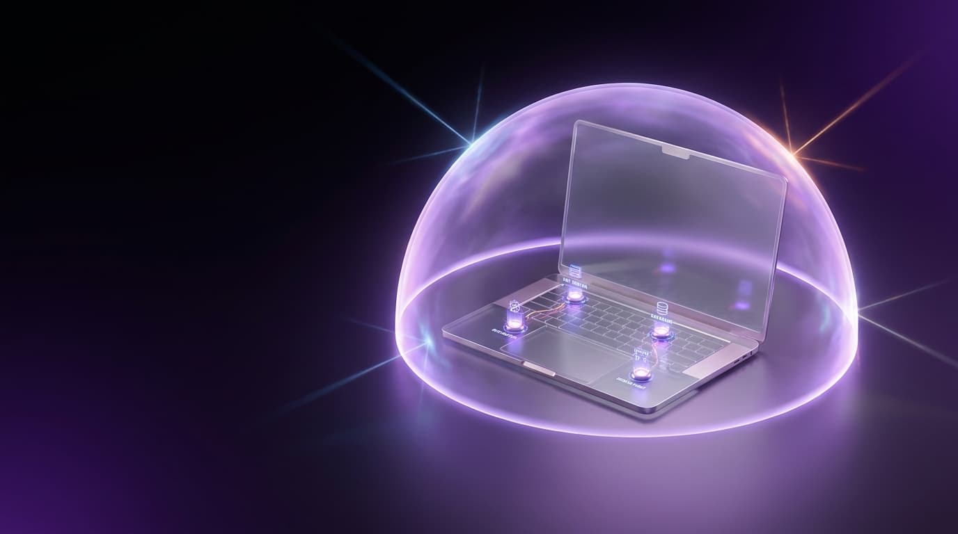 Glass laptop protected by a glowing shield dome while probing beams are blocked