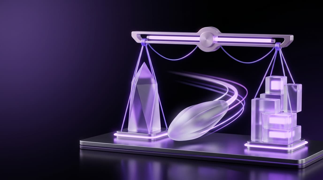 Three different glass monoliths under a balanced scale comparing backend frameworks