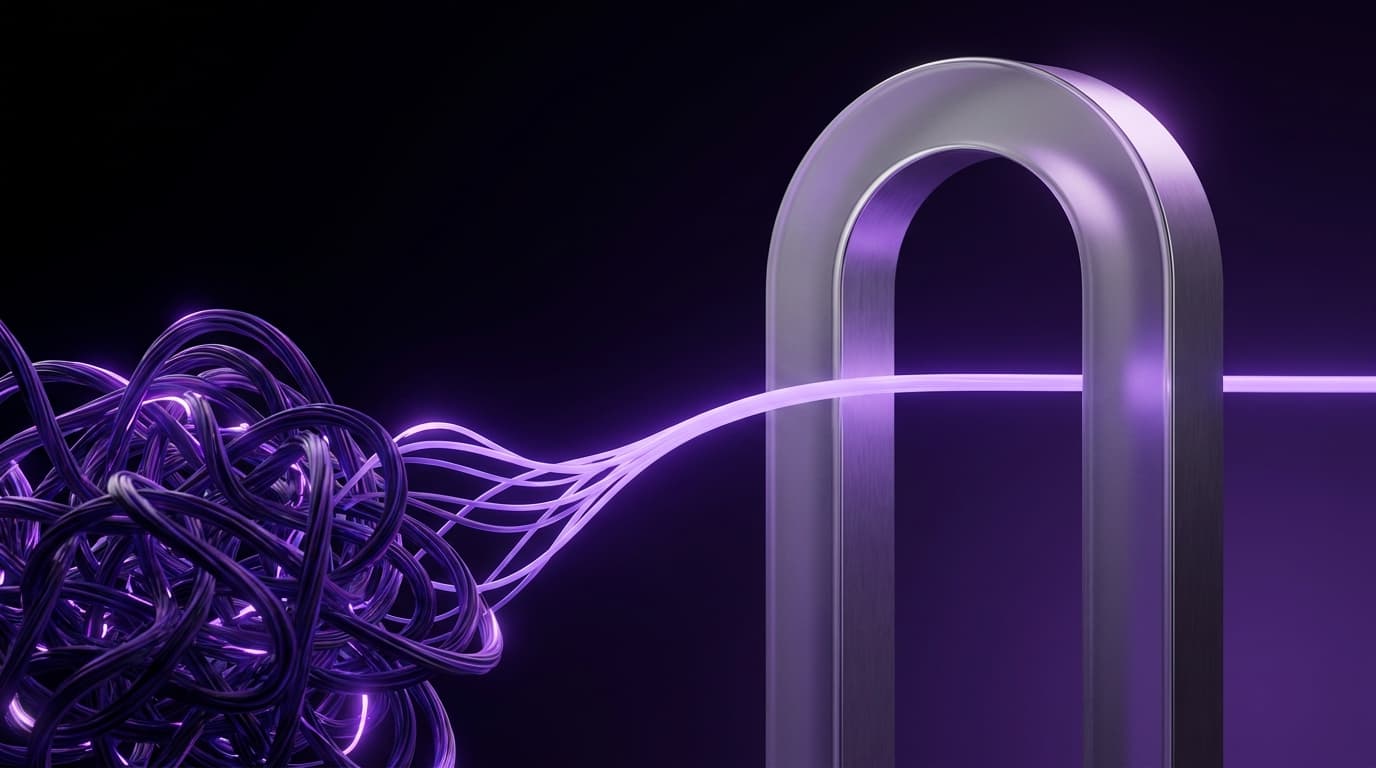 Tangled glowing threads resolving into a single clean line through a glass arch