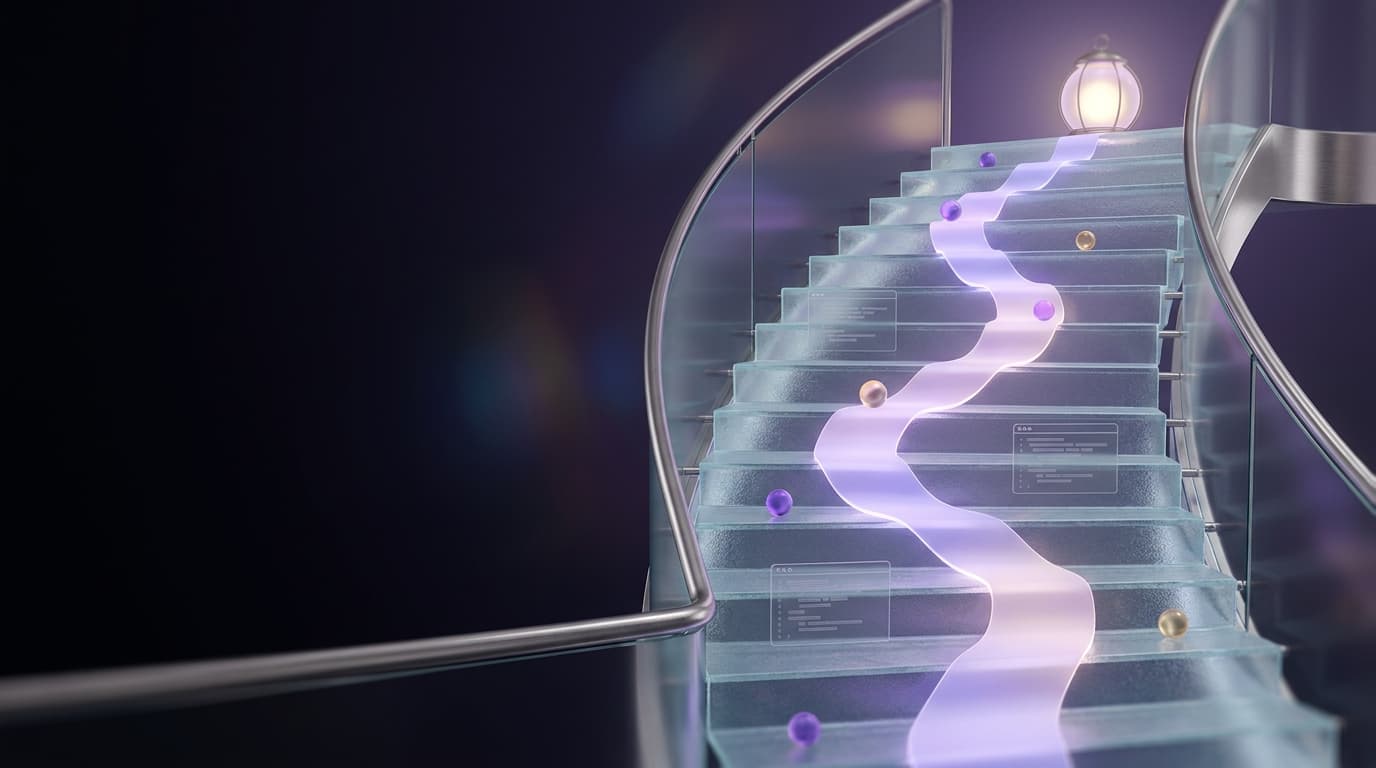 Glass staircase of twelve steps with a glowing path and climbing orbs