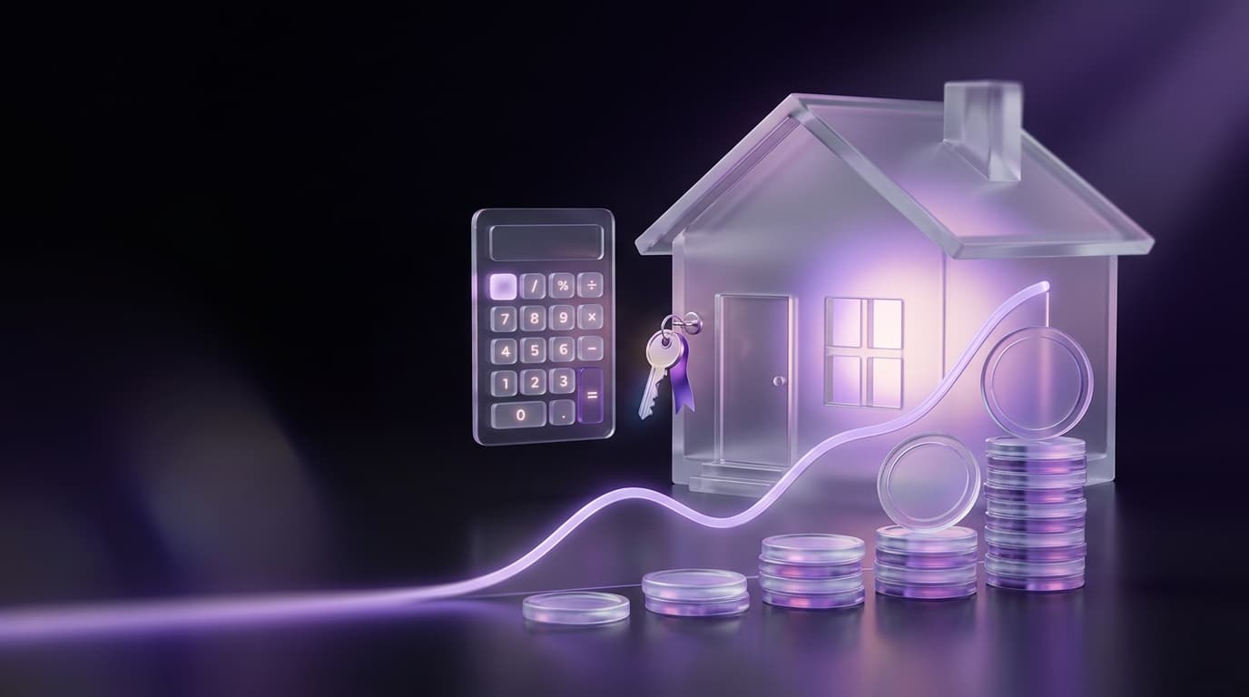 Glass house with a rising savings line, stacked coins and a calculator, representing a home savings planner