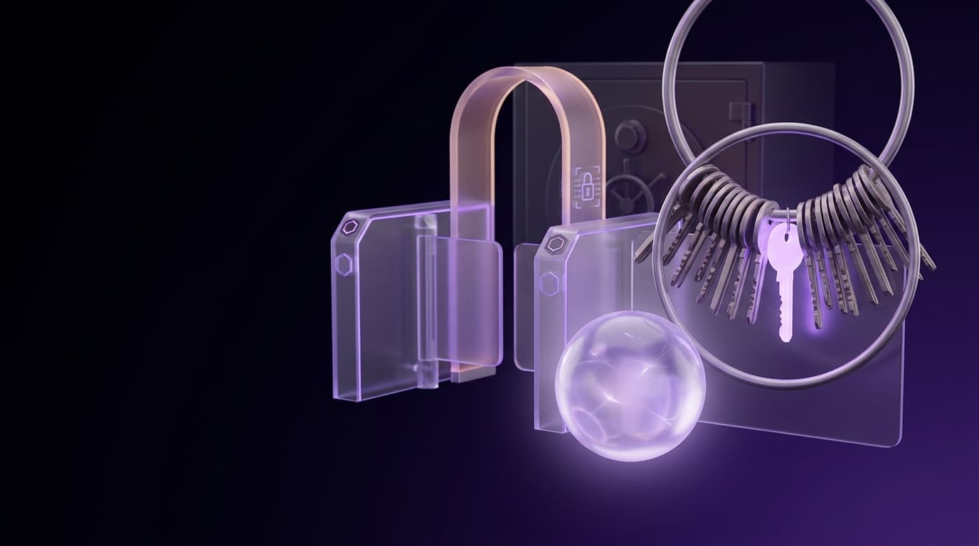 Glowing orb agent in front of a ring of keys with only one key lit and a locked approval gate