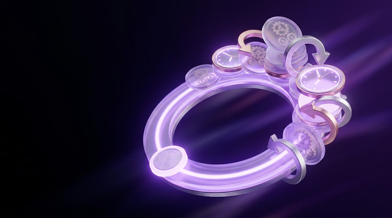 Luminous agent loop with a small token coin and a growing stack of coins and clocks