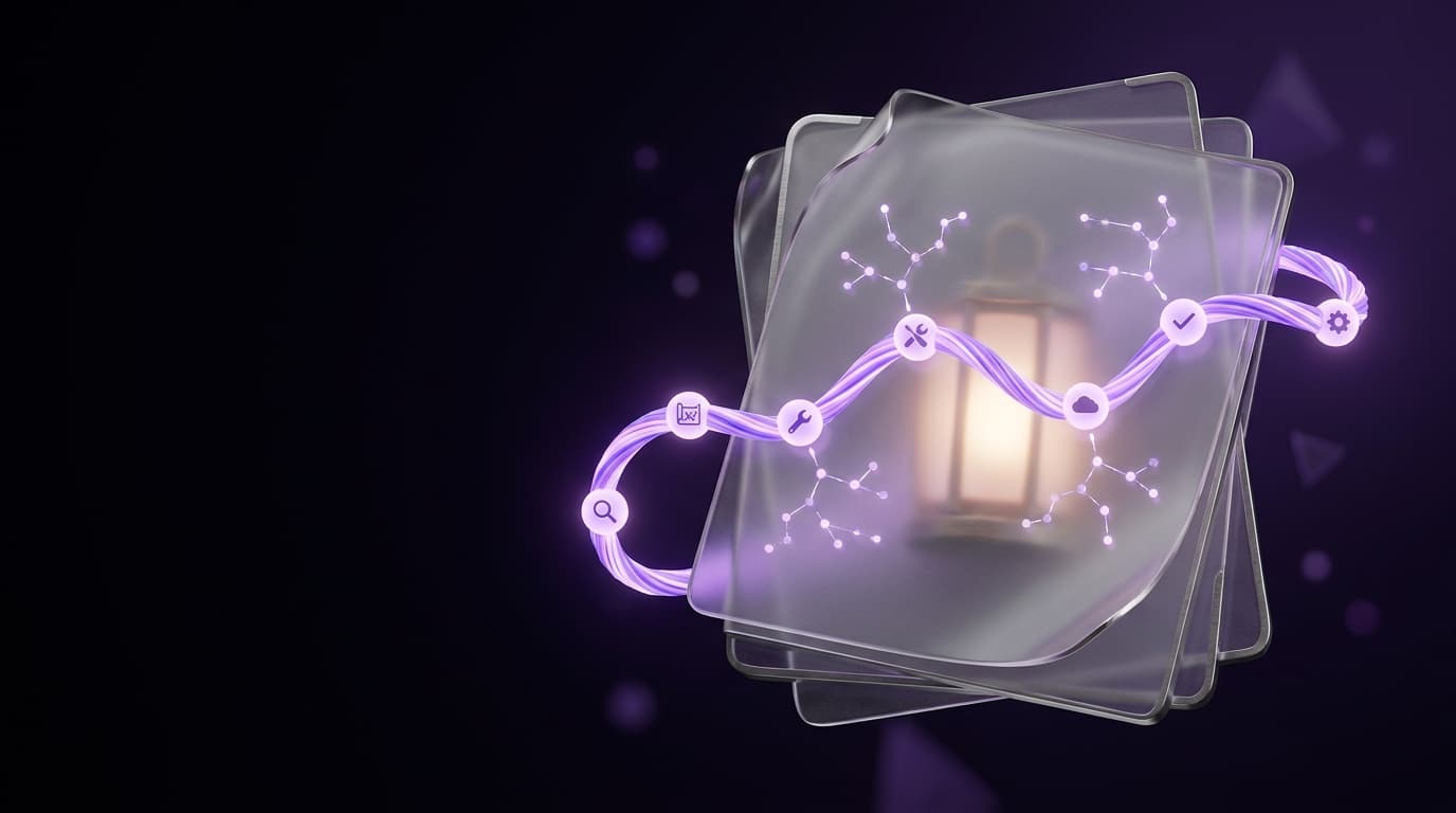 Floating glass pages connected by a glowing timeline from discovery to operate