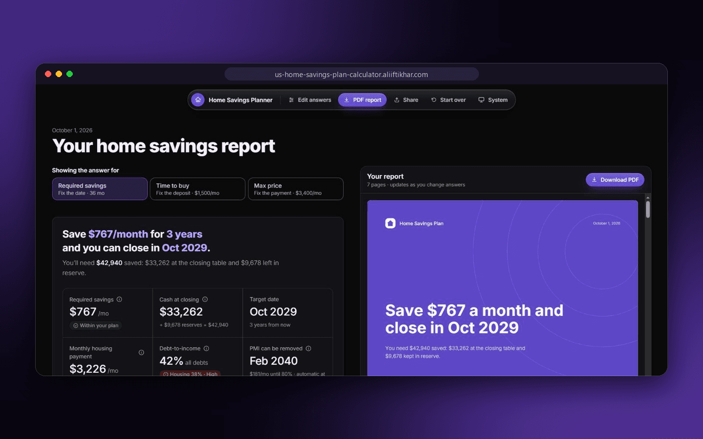 Home Savings Planner report dashboard showing a monthly saving, cash at closing and a PDF preview