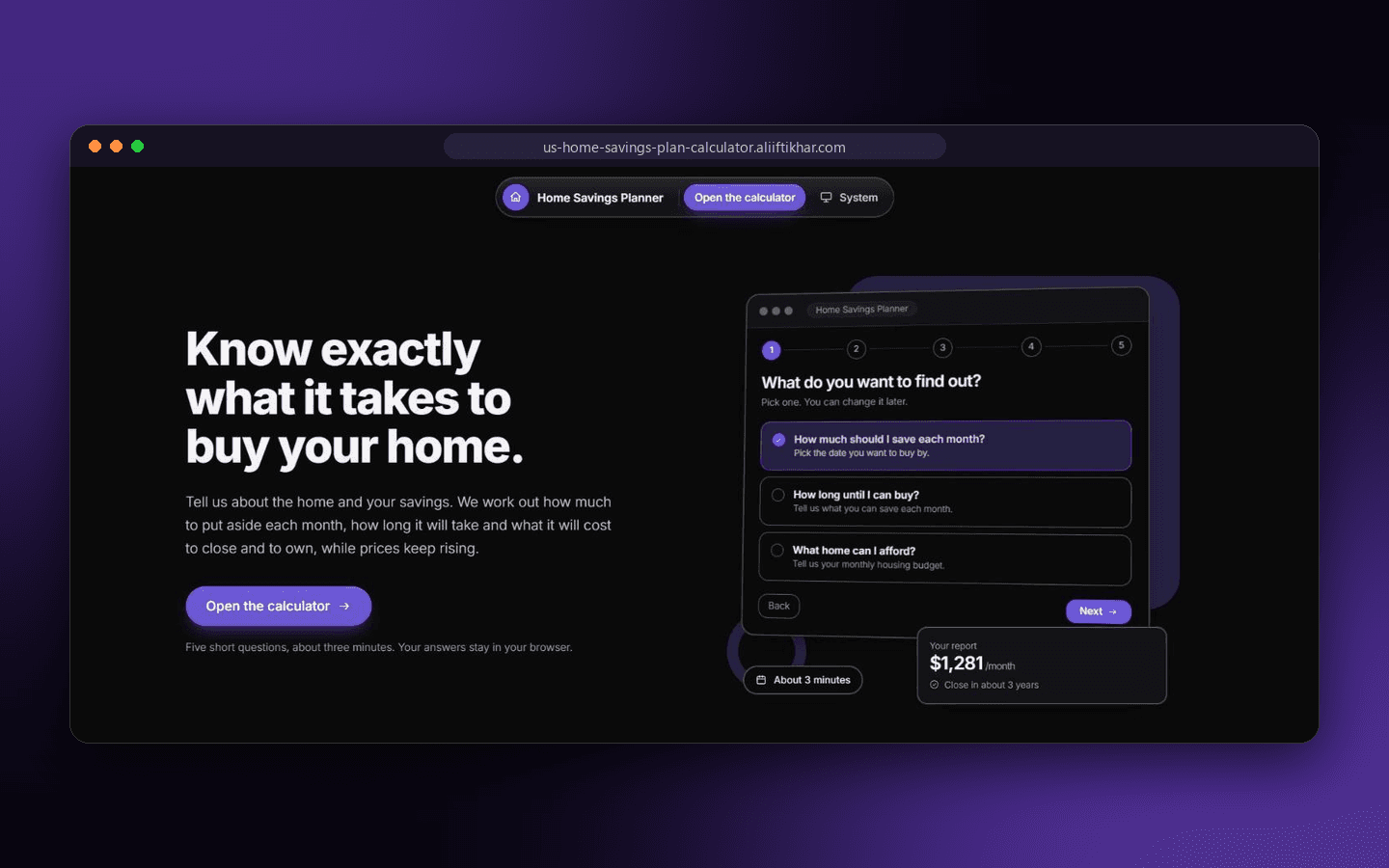 Home Savings Planner landing page with the five-step calculator preview