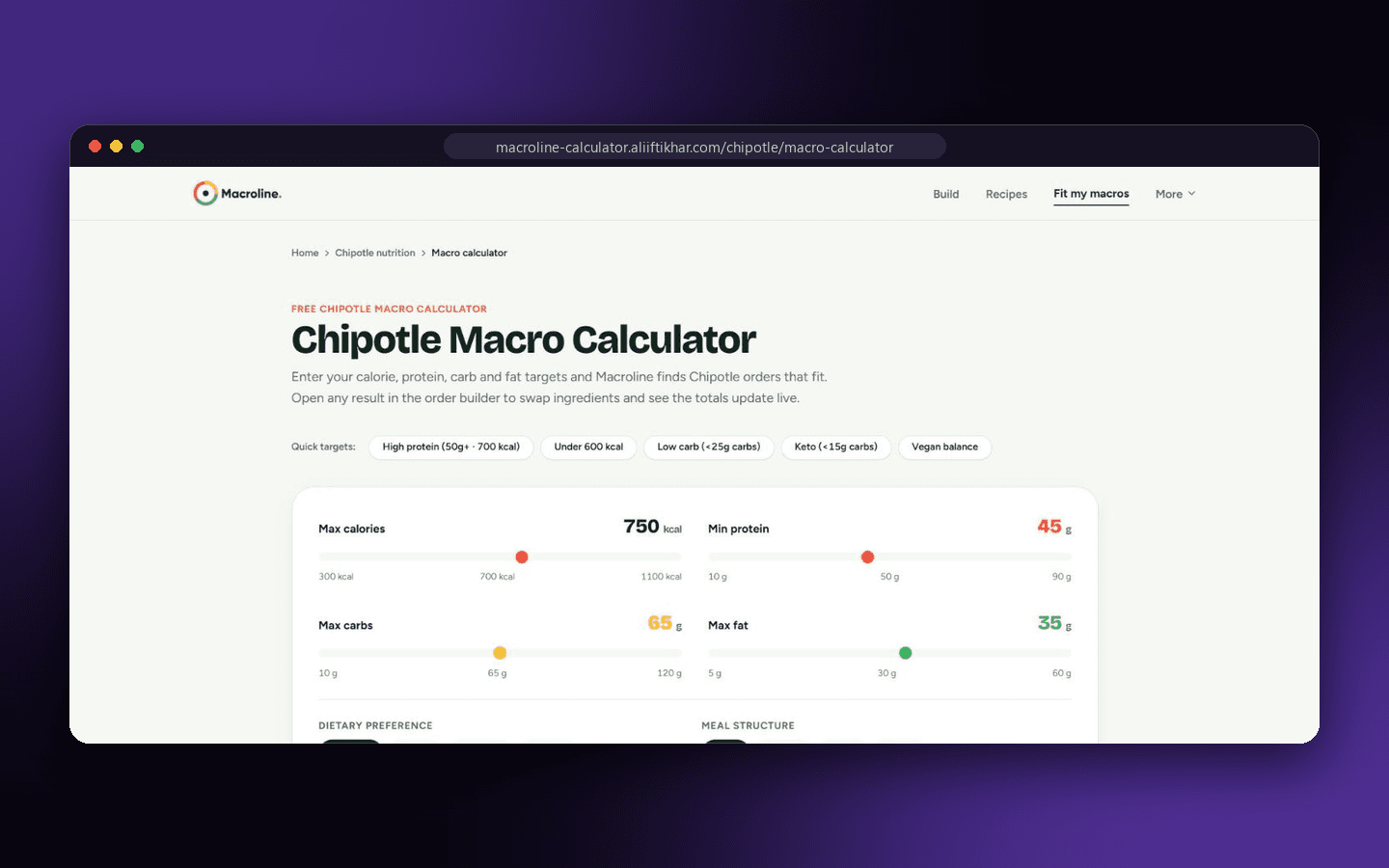 Macroline Chipotle macro calculator with sliders for calories, protein, carbs and fat