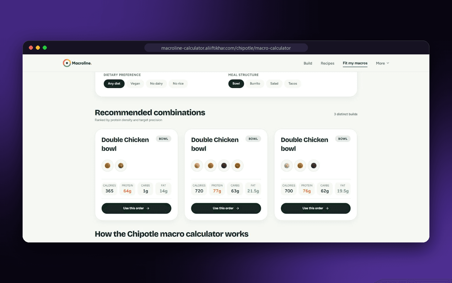Recommended Chipotle order combinations with calories, protein, carbs and fat for each build