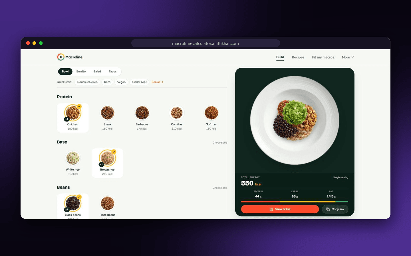 Macroline calculator showing a chicken bowl with live calorie and macro totals